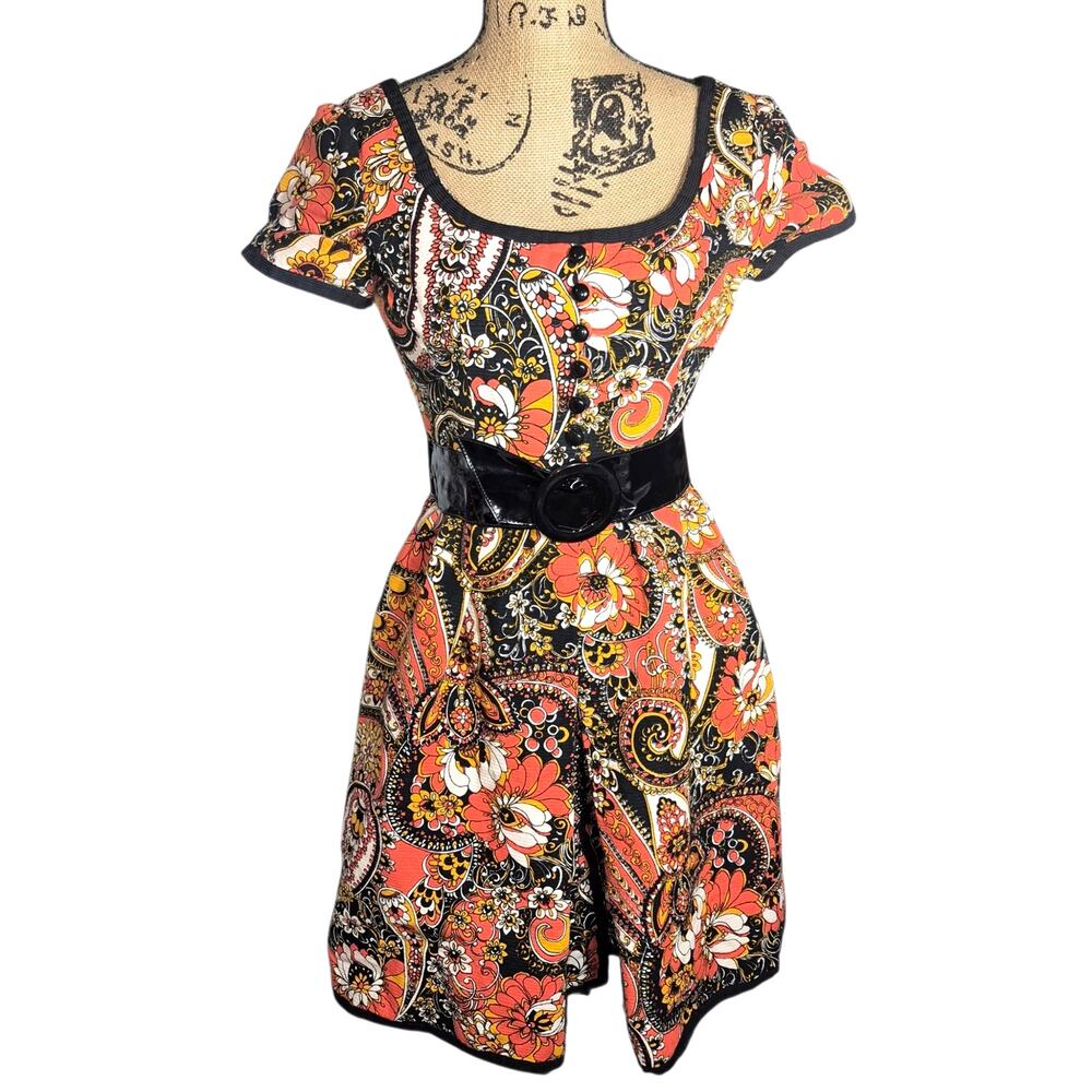 Rare Vintage 1970s Saks Fifth Avenue Exclusive Belted All Over Bold Print Dress